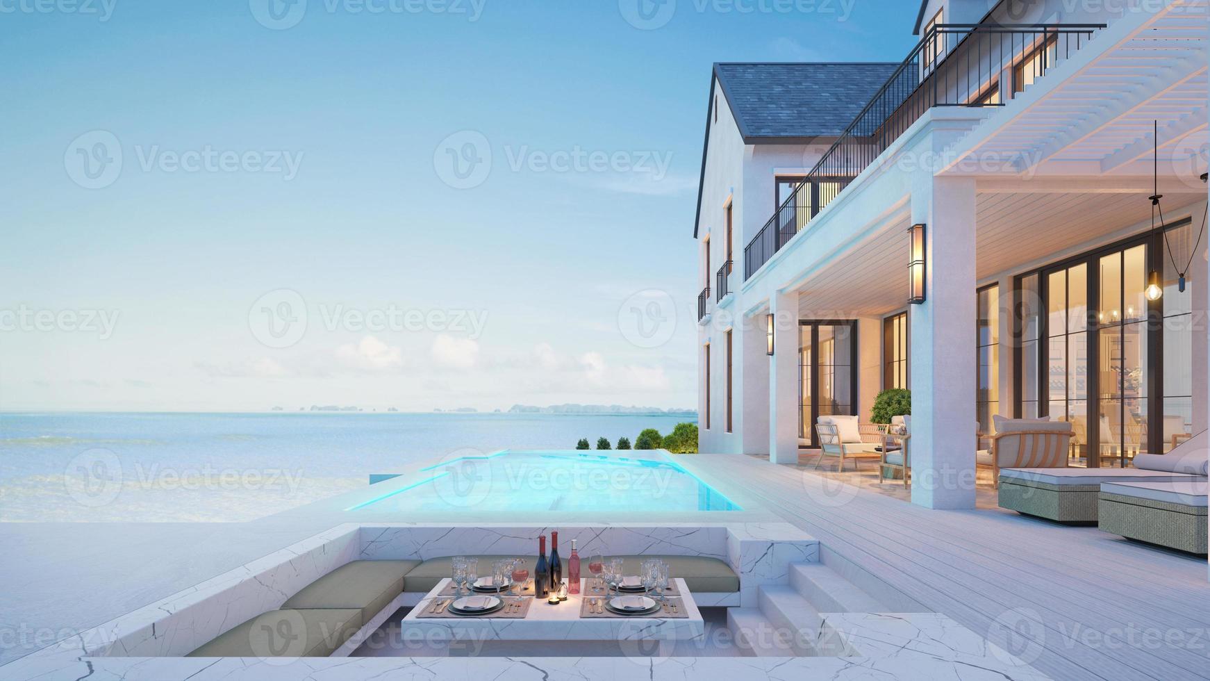 casa de playa de lujo con piscina con vistas al mar y terraza en vacaciones. Representación 3d foto