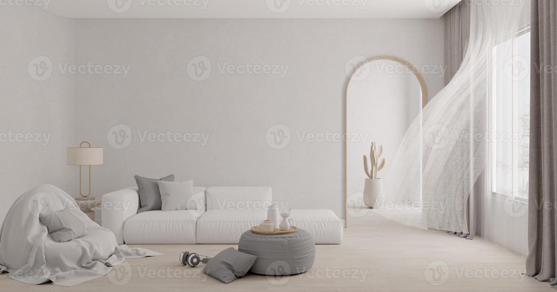 Living room with softseat and curtain blowing.3d rendering photo