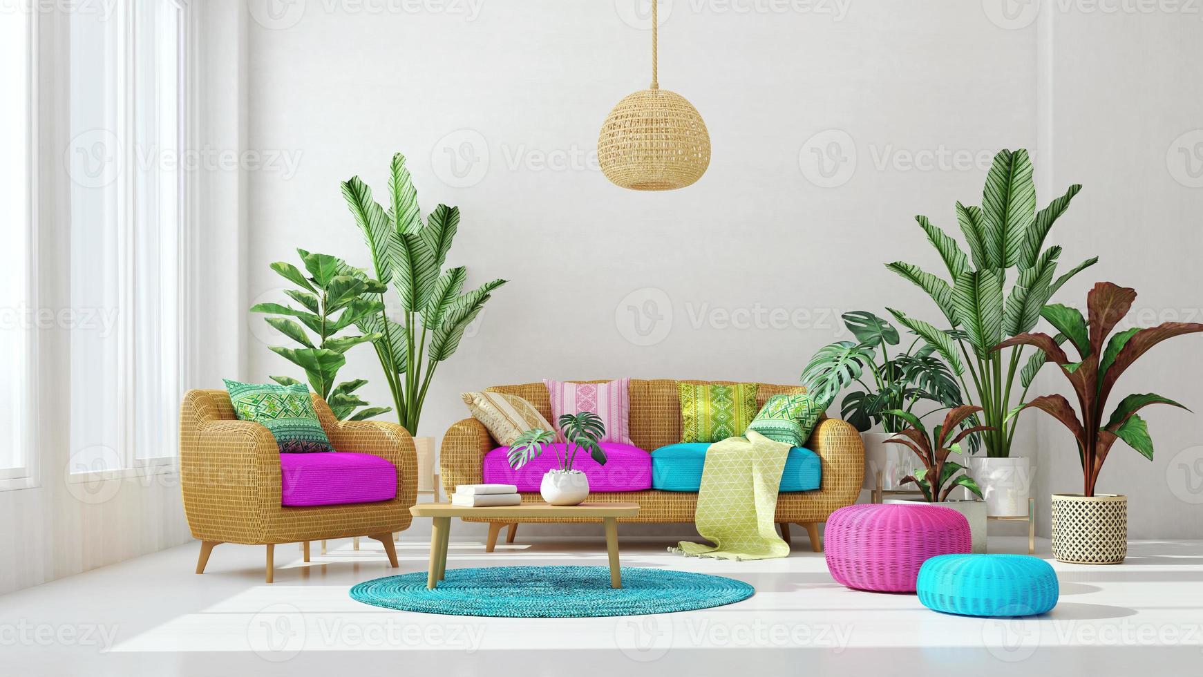 Living room design with magenta and blue color.Plant on  background.Rattan sofa and armchair.3d rendering photo