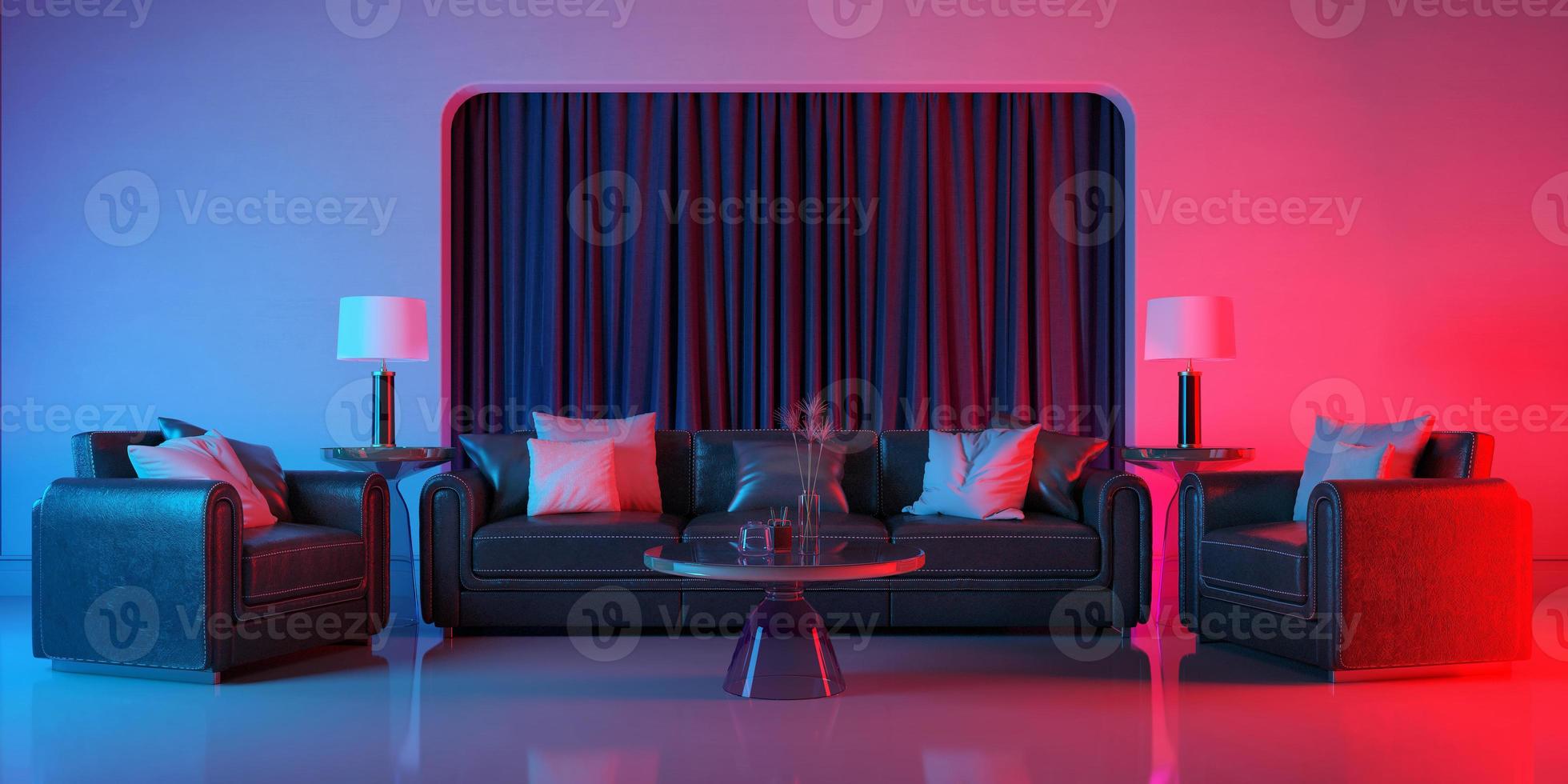 Modern room with violet light and red light illumination.Leather sofa with armchairs and table lamps.3d rendering photo