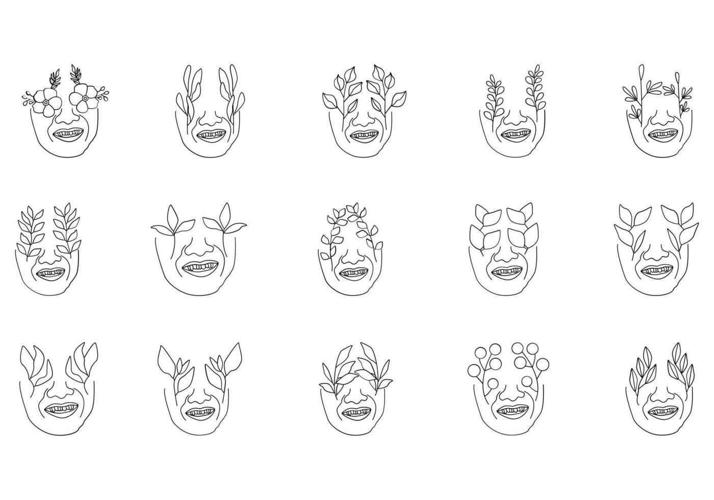 Man faces line art style with flower and leaves vector