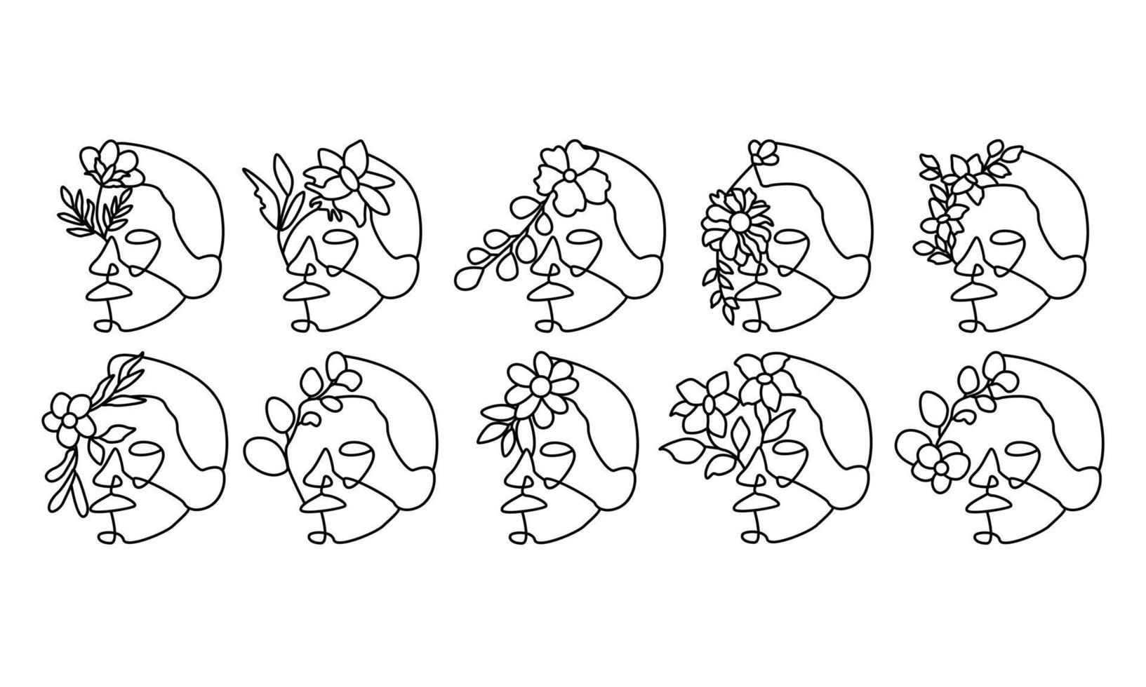Man faces line art style with flower and leaves vector