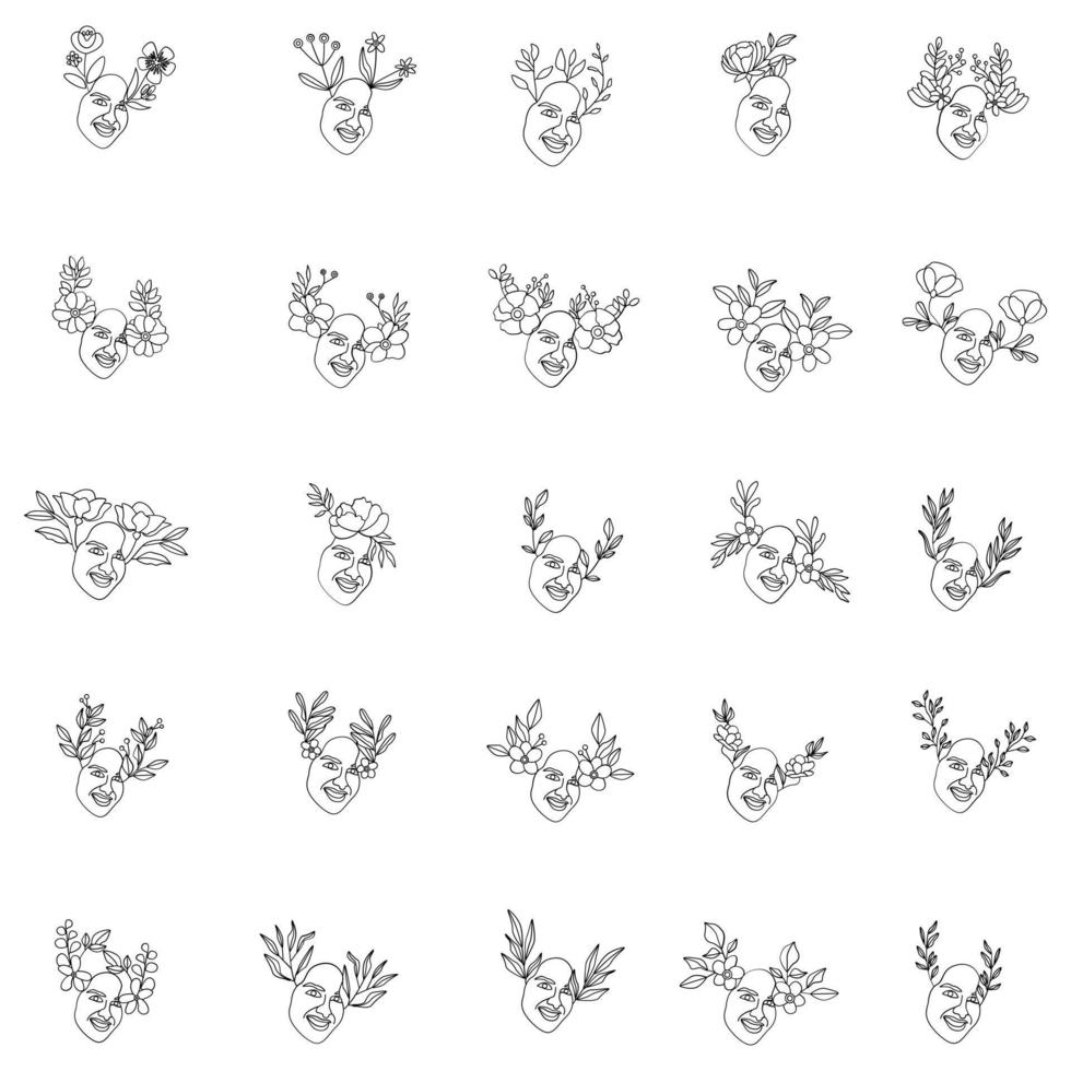 Man faces line art style with flower and leaves vector