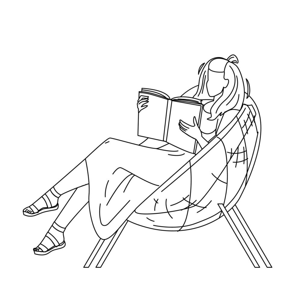 Woman Sit In Chair And Read Book In Patio Vector