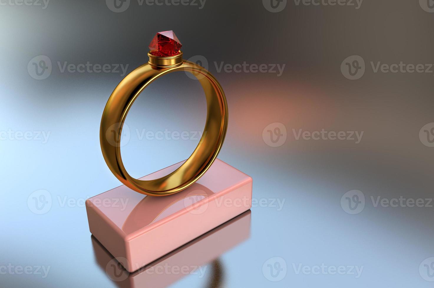 3D illustration of a gold ring with a big red diamond on a pink stand photo