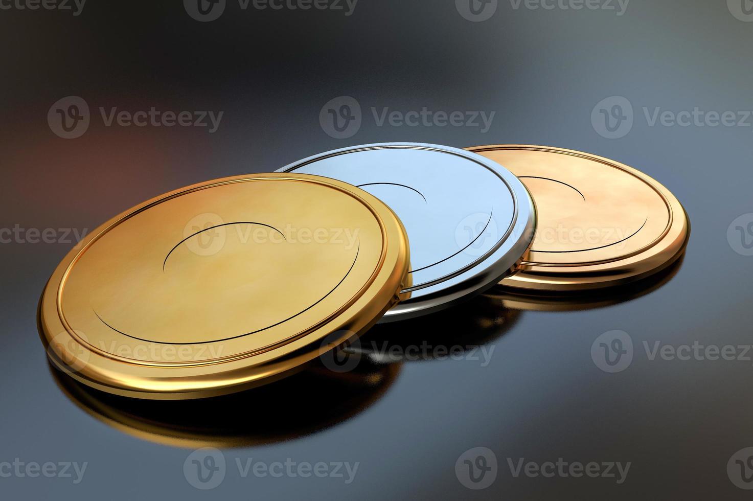3D illustration with gold, silver and bronze discs on a reflective surface as a symbol of sports photo