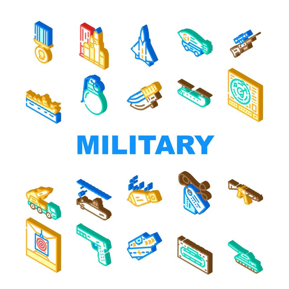 conjunto de iconos de armas y transporte militares vector