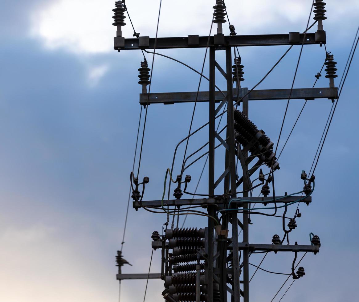 Powerlines on sky covered with clouds photo