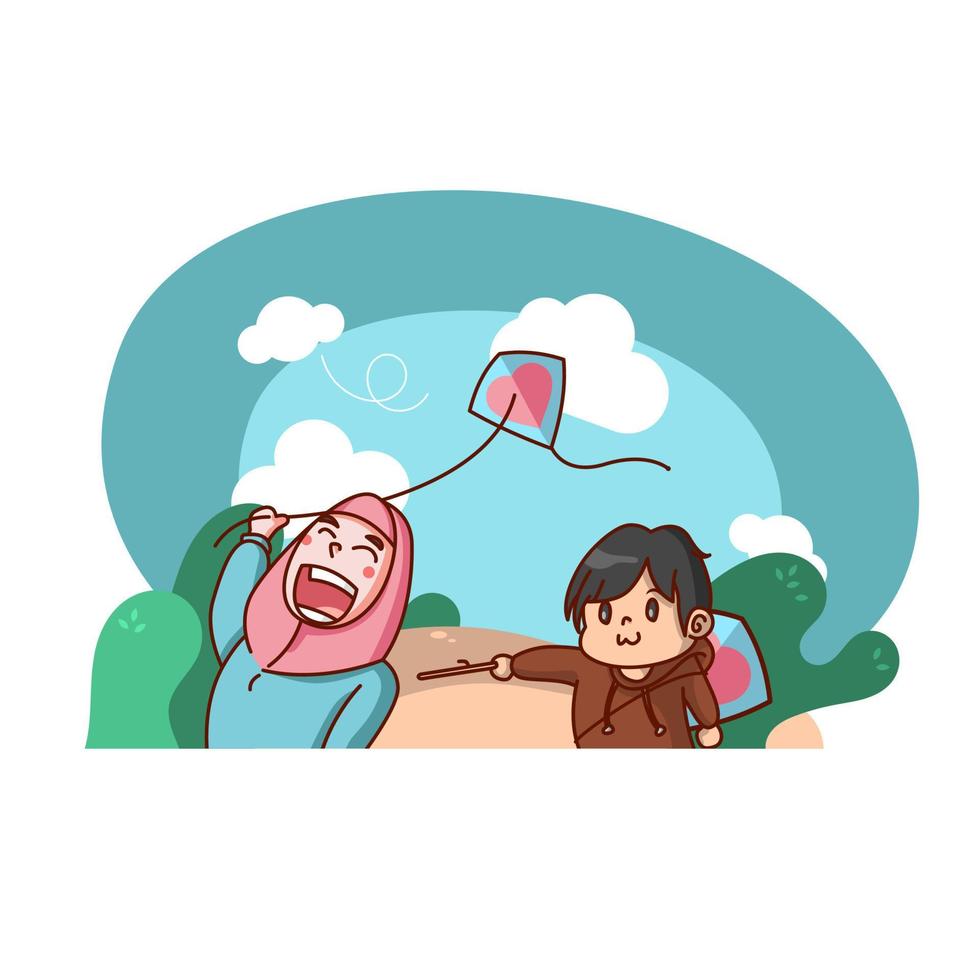 two children playing kites on a sunny day. vector illustration. perfect for kids illustration