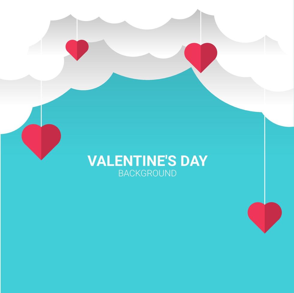 afiche con cielo azul y nubes cortadas en papel. lugar para el texto. encabezado de venta de feliz día de san valentín con corazones colgantes. vector