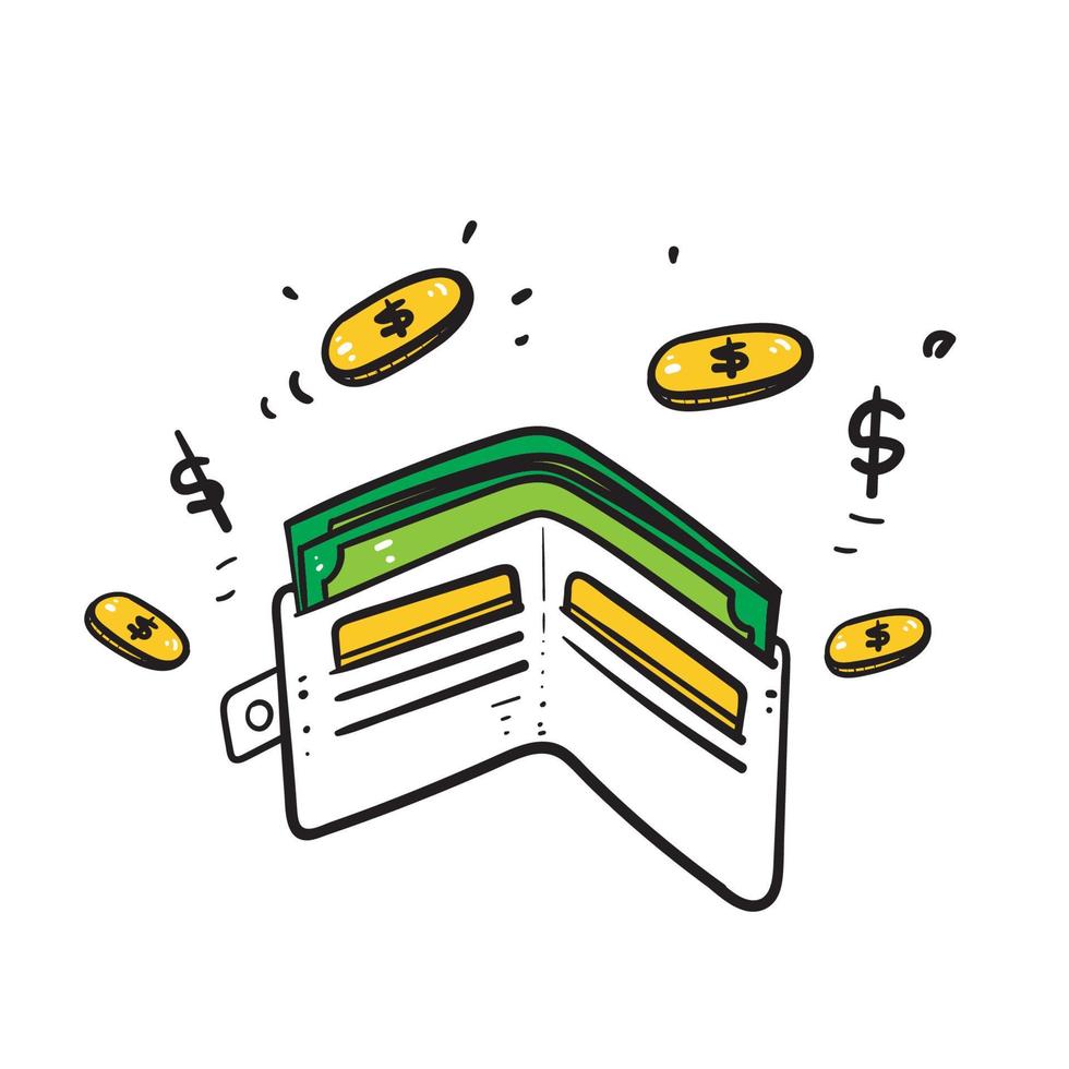 hand drawn doodle Money wallet with green paper dollars and gold coins illustration vector