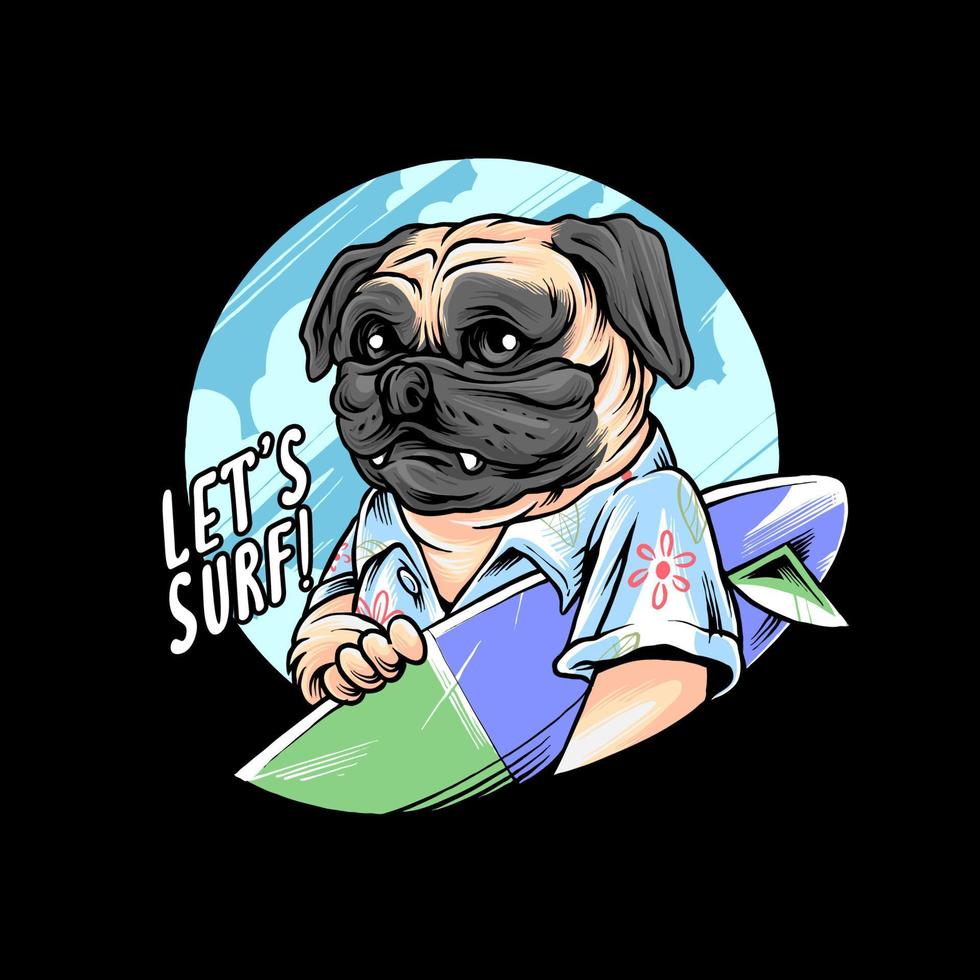 perro pug vacaciones de verano con surf y natación vector premium