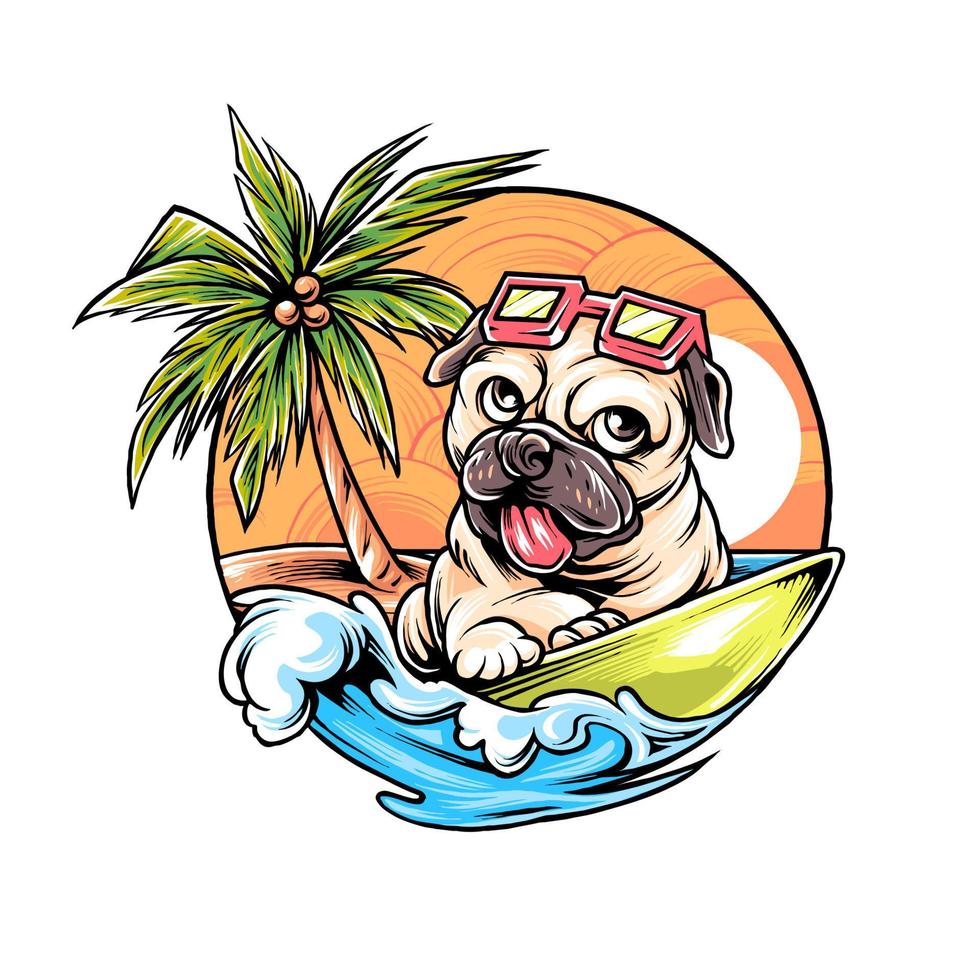 perro pug vacaciones de verano con surf y natación vector premium