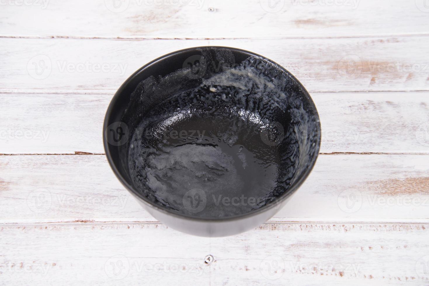 Dirty bowl on wood background photo