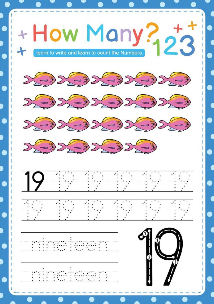 Numbers tracing template by counting Sea fish marine vector