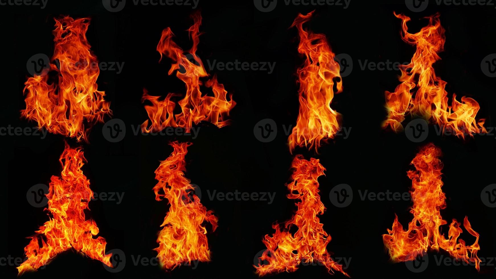 collection of burning fuel flames isolated on black background photo