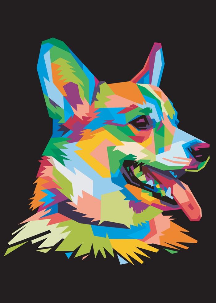 colorida cabeza de perro corgi galés con un fondo de estilo de arte pop aislado y fresco. vector