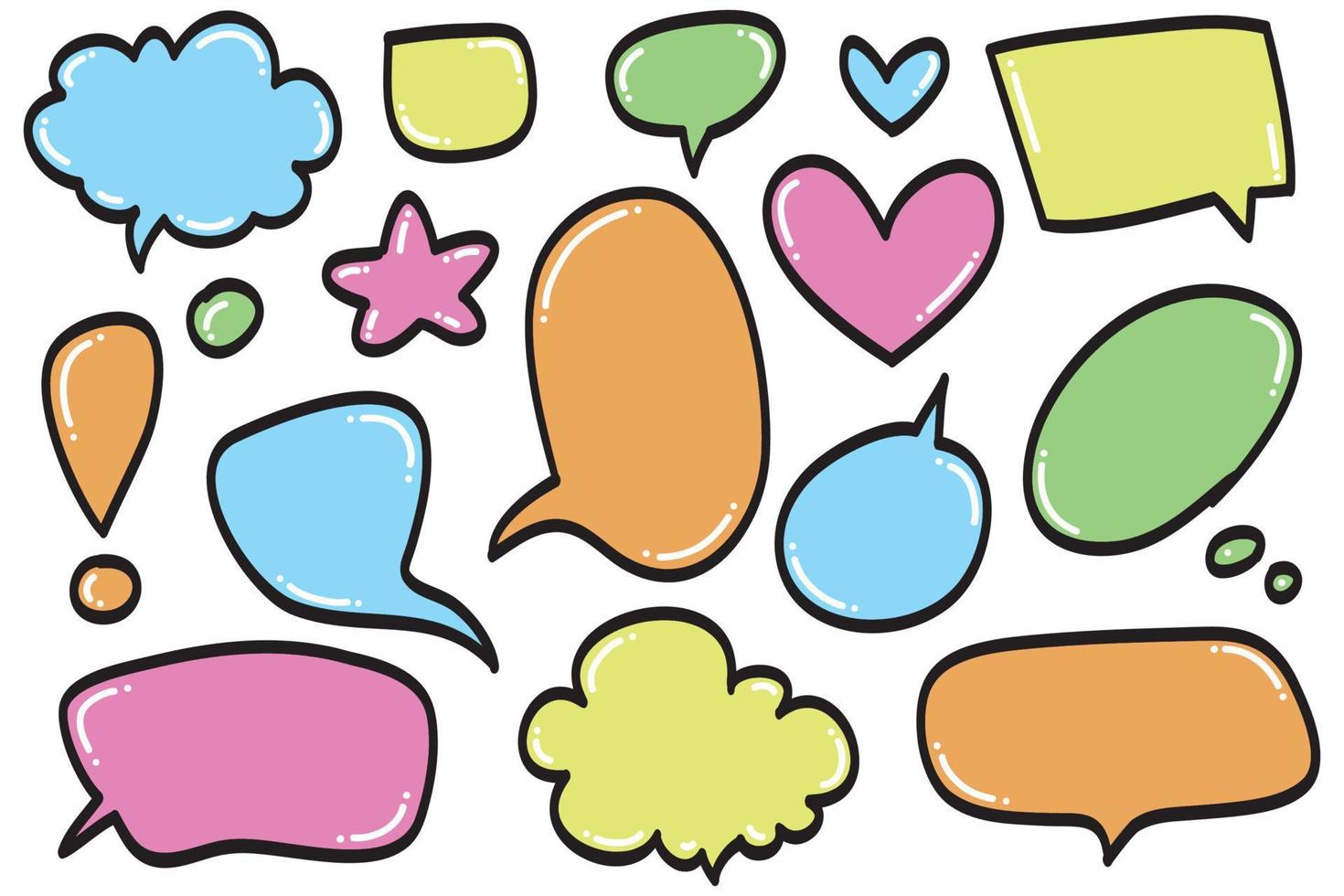 Vector set of speech bubbles. Doodle hand draw like kids style in pastel color for use in business, chat, inbox, dialog, message, question, communication, talk, speak, sticker, balloon, thinking