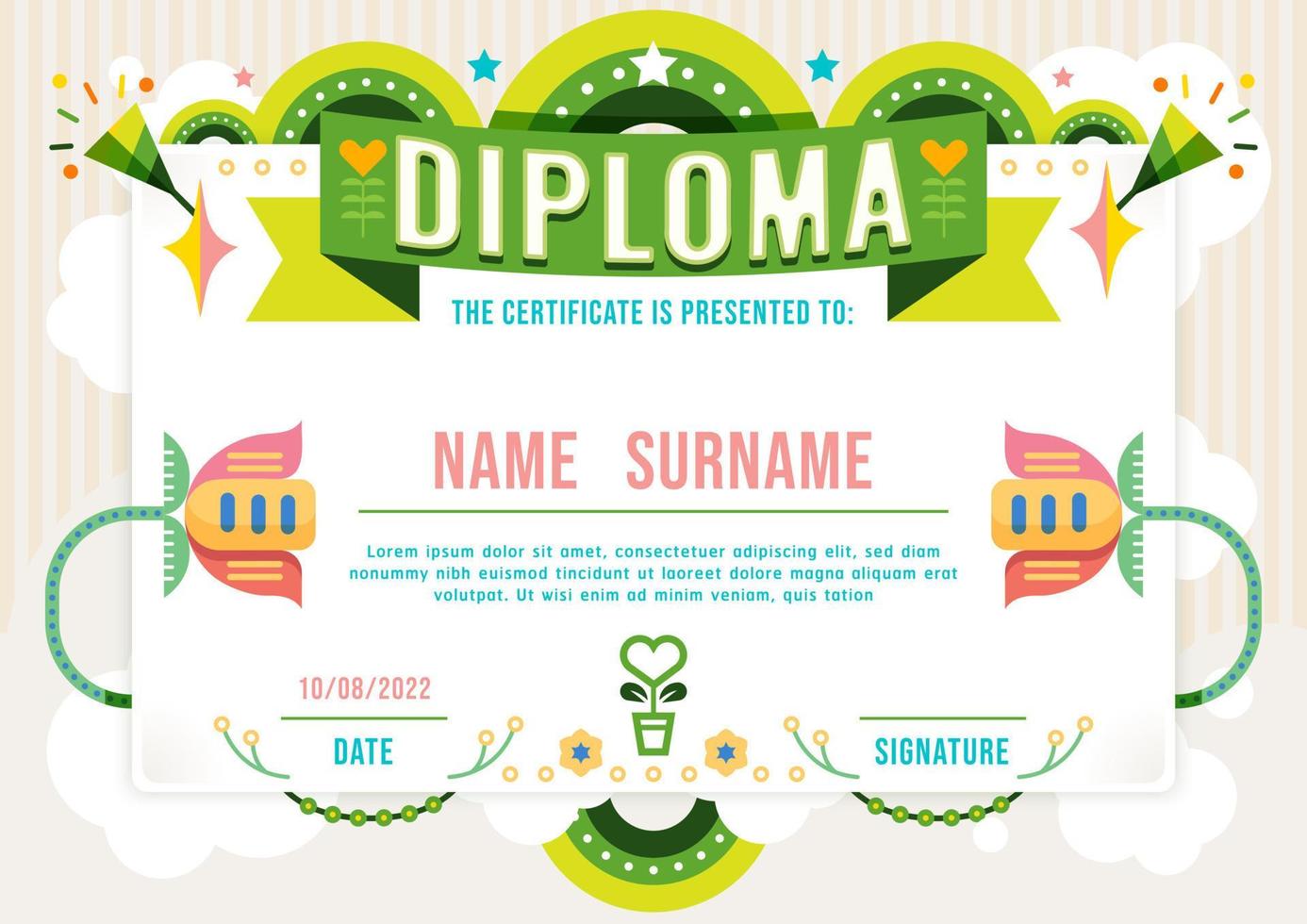 certificado diploma para niños, diseño de plantilla de jardín de infantes flor verde naturaleza eco vector. vector