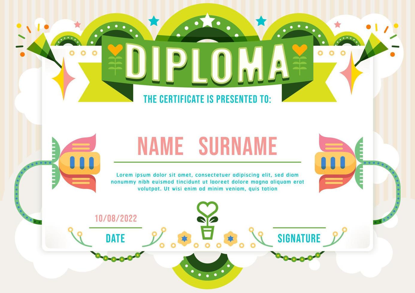 Certificate kids diploma, kindergarten template layout flower green nature eco vector. vector