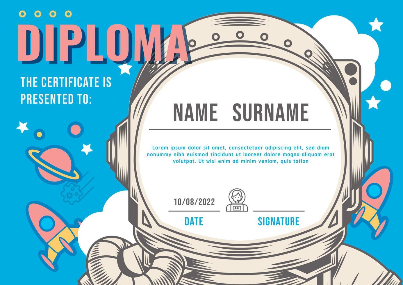 Certificate kids diploma, kindergarten template layout astronaut vintage vector. vector