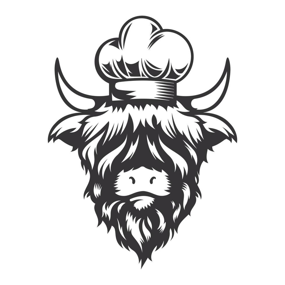 Highland cow cook head design with chef hat. Farm Animal. Cows logos or icons. vector illustration.