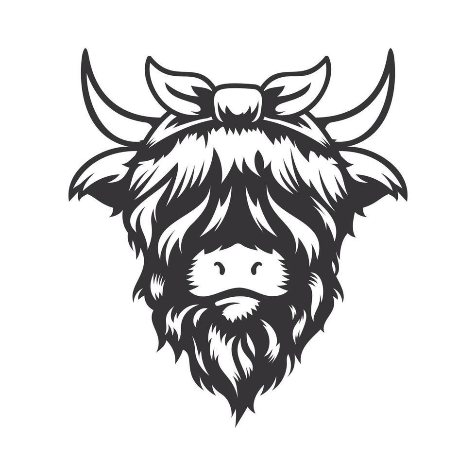 Bonito diseño de cabeza de lazo de vaca de las tierras altas con cinta para el pelo. animal de granja. logotipos o iconos de vacas. ilustración vectorial vector