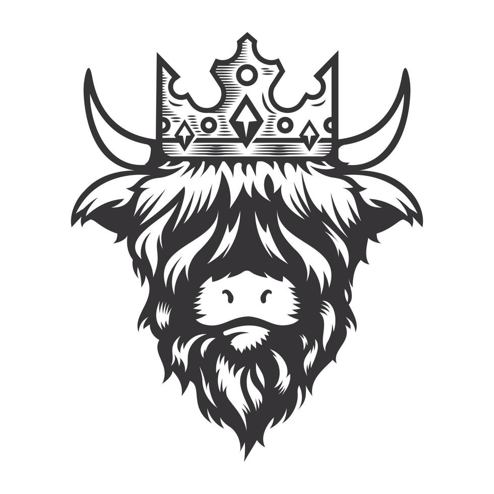 Highland cow king head design with royalty crown. Farm Animal. Cows logos or icons. vector illustration.