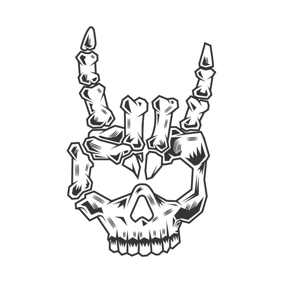 skeleton head rock hand line art vintage tattoo or print design vector illustratio.