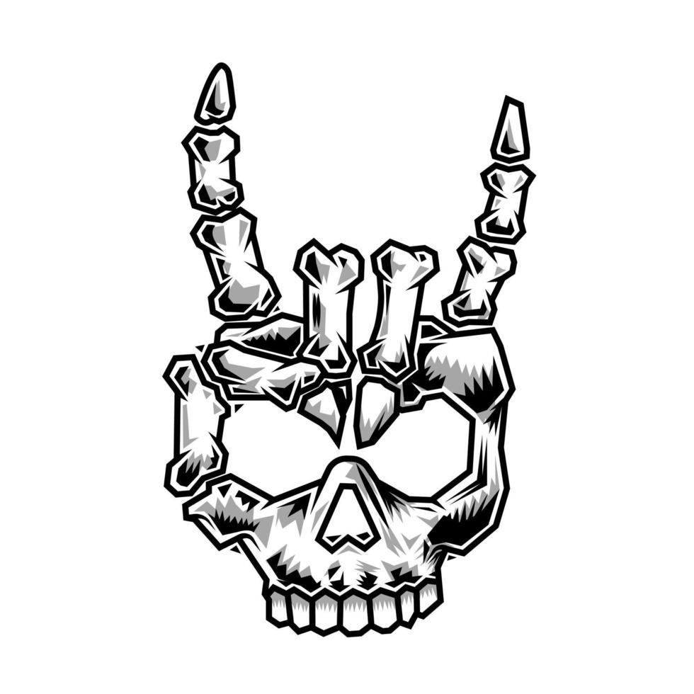 skeleton head rock hand line art vintage tattoo or print design vector illustratio.