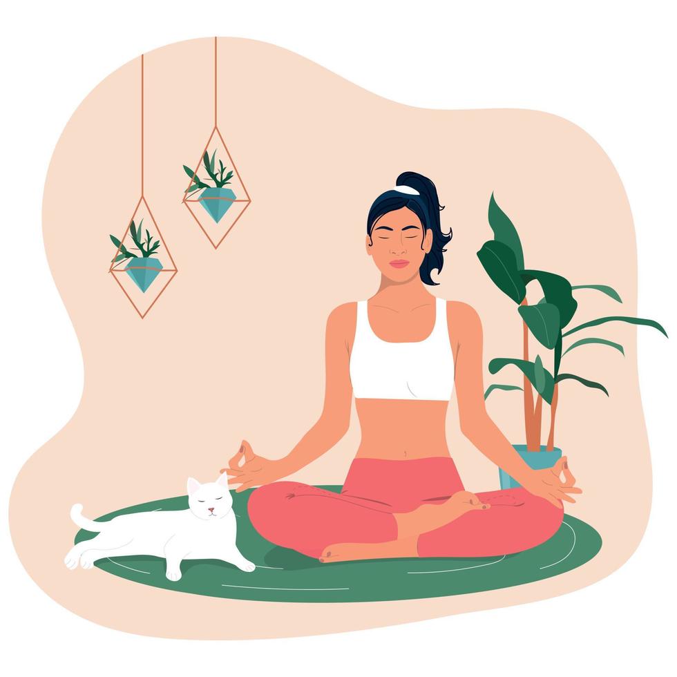 young woman doing yoga with cat vector