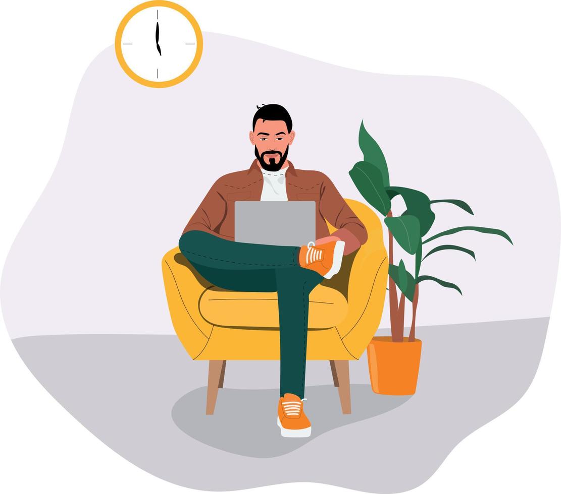 Young bearded man works at home vector