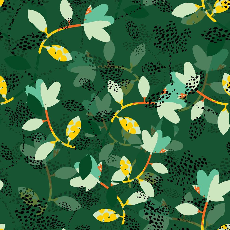 seamless mixed abstract leafs and flower  pattern on green background , greeting card or fabric vector