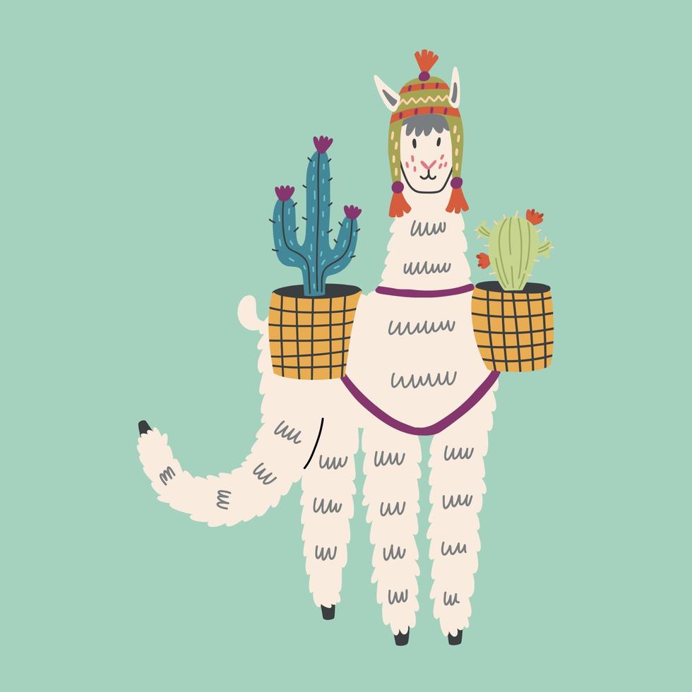 personaje de llama esponjosa mexicana con cactus sobre fondo azul vector