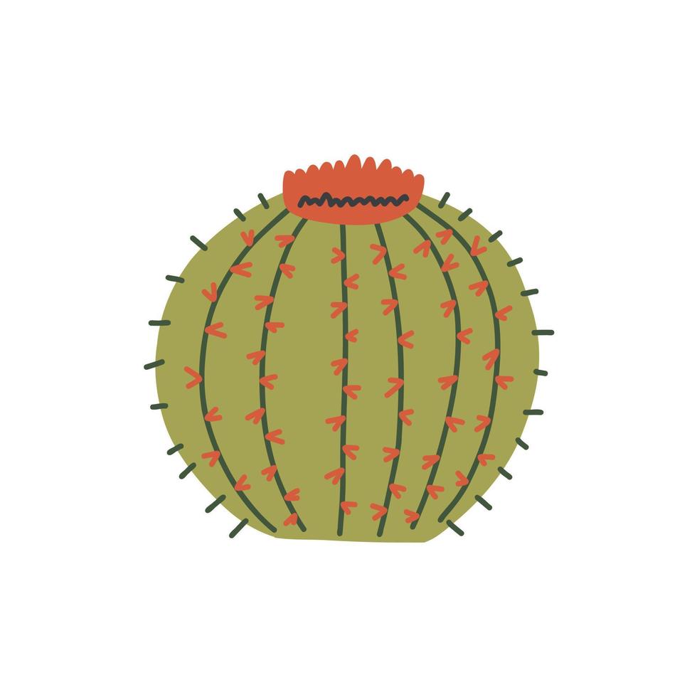 Round prickly green cactus with a big red flower vector