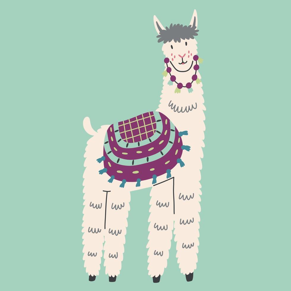 Mexican cheerful furry llama character on blue background vector