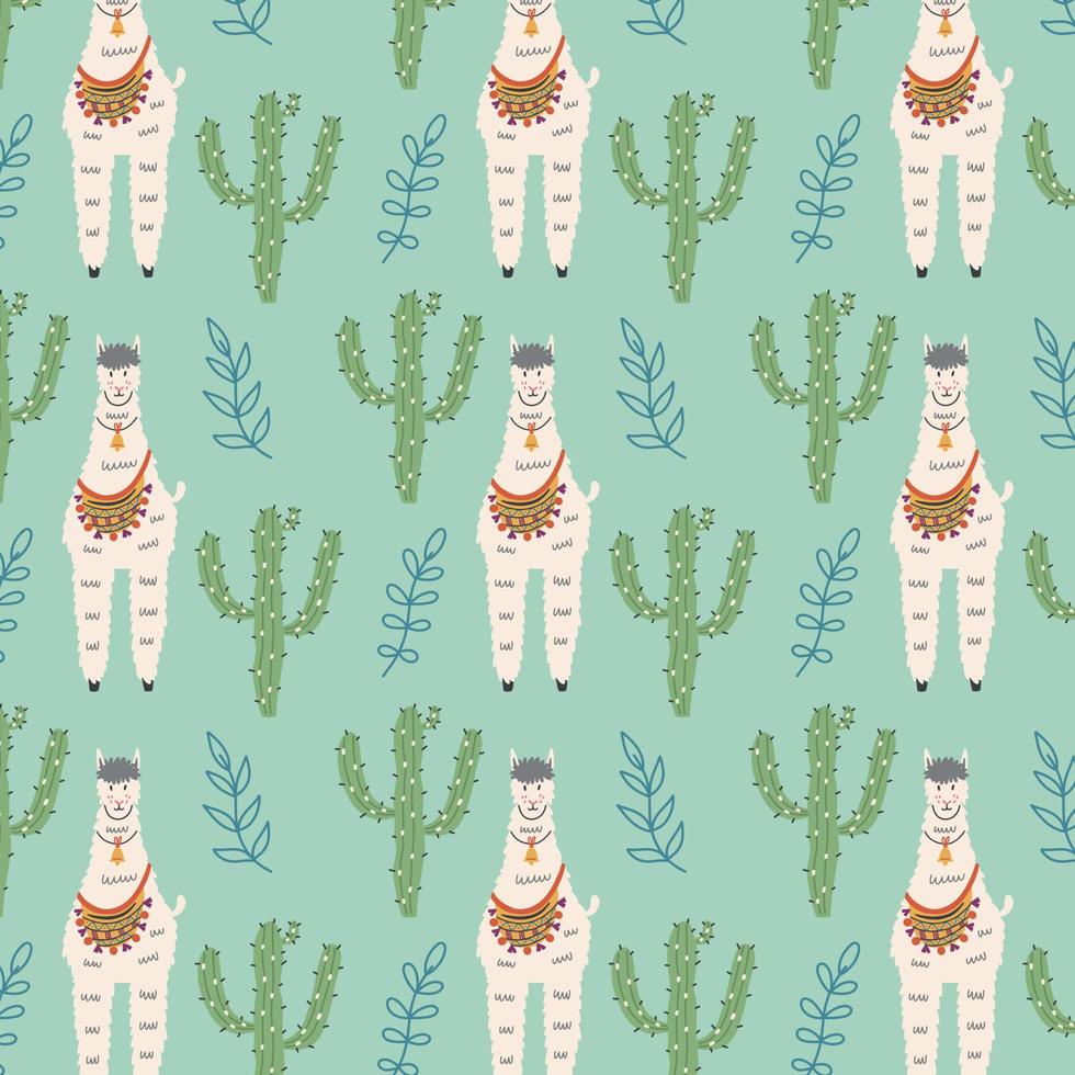 Mexican llama with a bag among cacti pattern vector