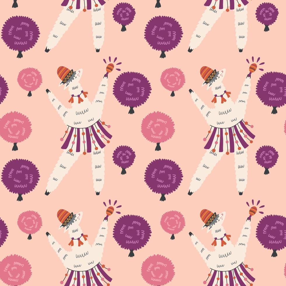 Mexican dancing llama among festival fluffy circles pattern vector