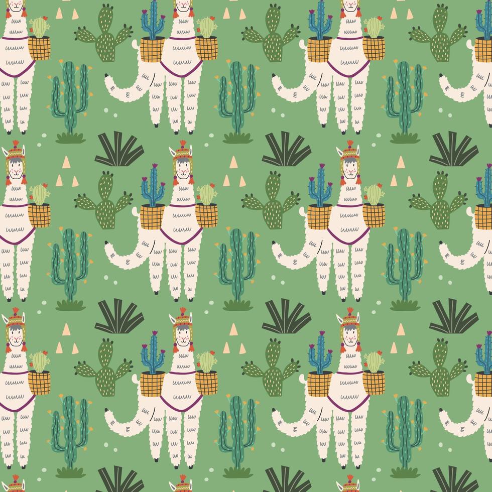 Mexican llama among green cacti pattern vector