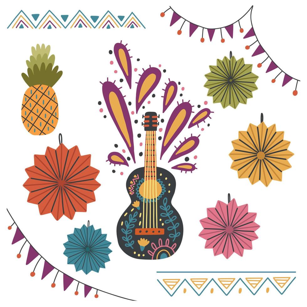 conjunto de decoraciones del festival mexicano círculos de origami de papel adorno de guitarra banderas de guirnaldas vector