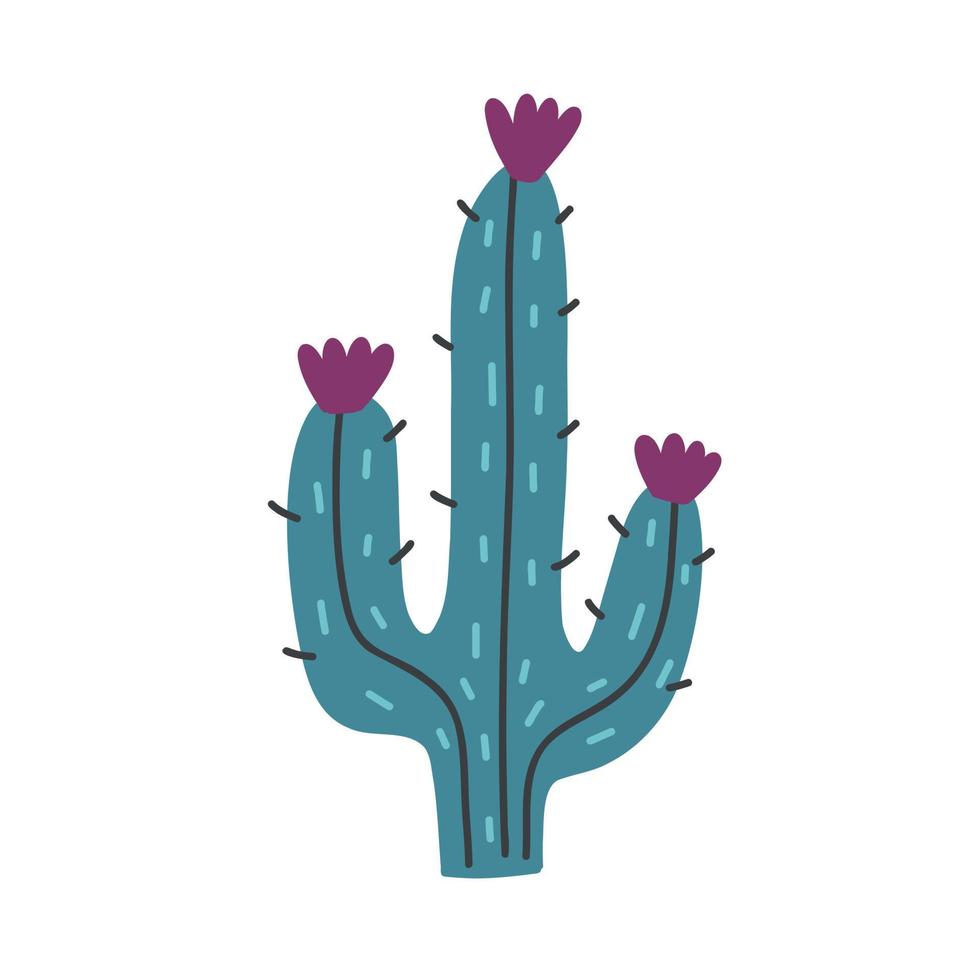 Blue prickly cactus with purple flowers doodle vector