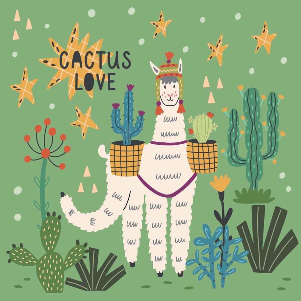 Fluffy llama in nature among cacti vector