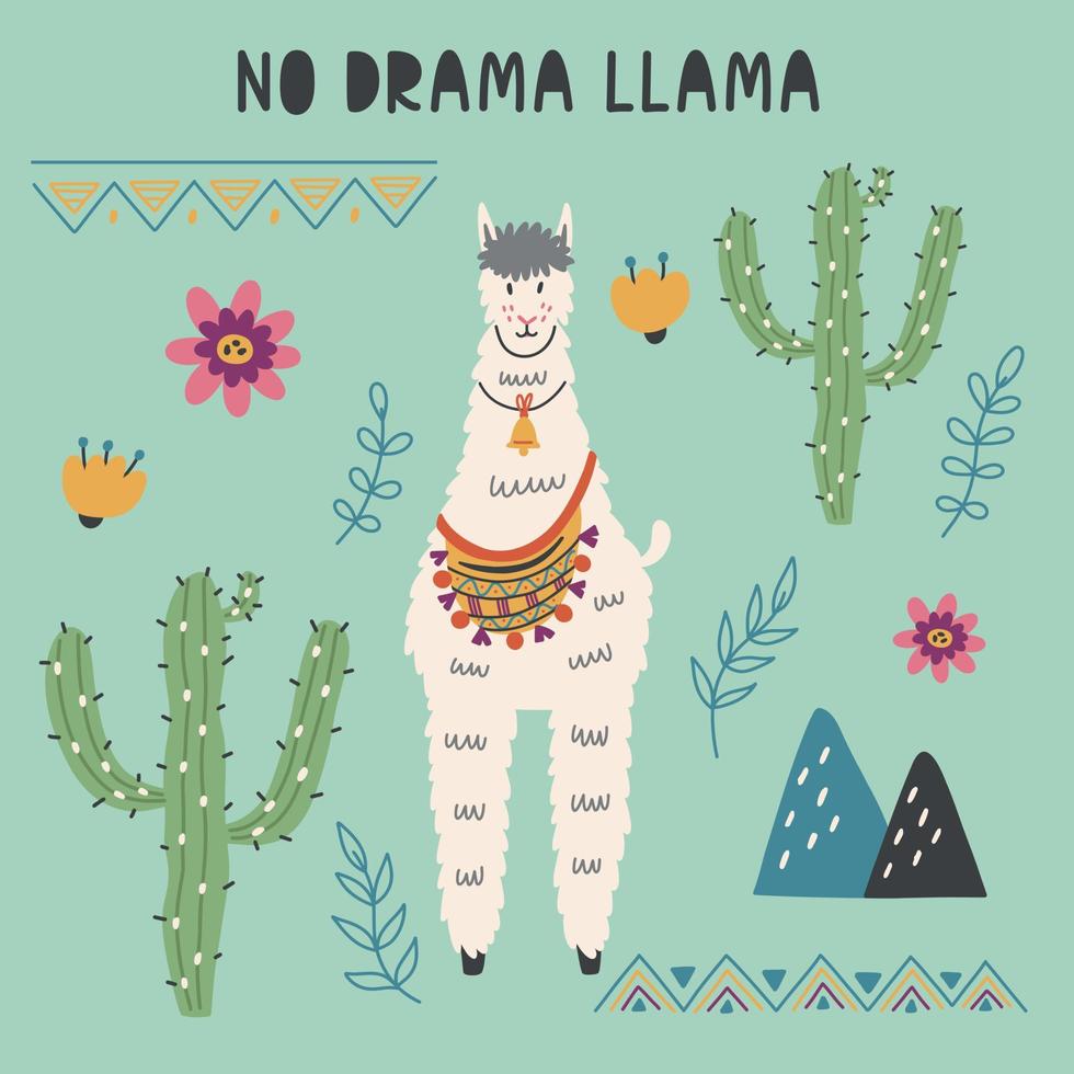 Llama near the cacti of the mountains vector