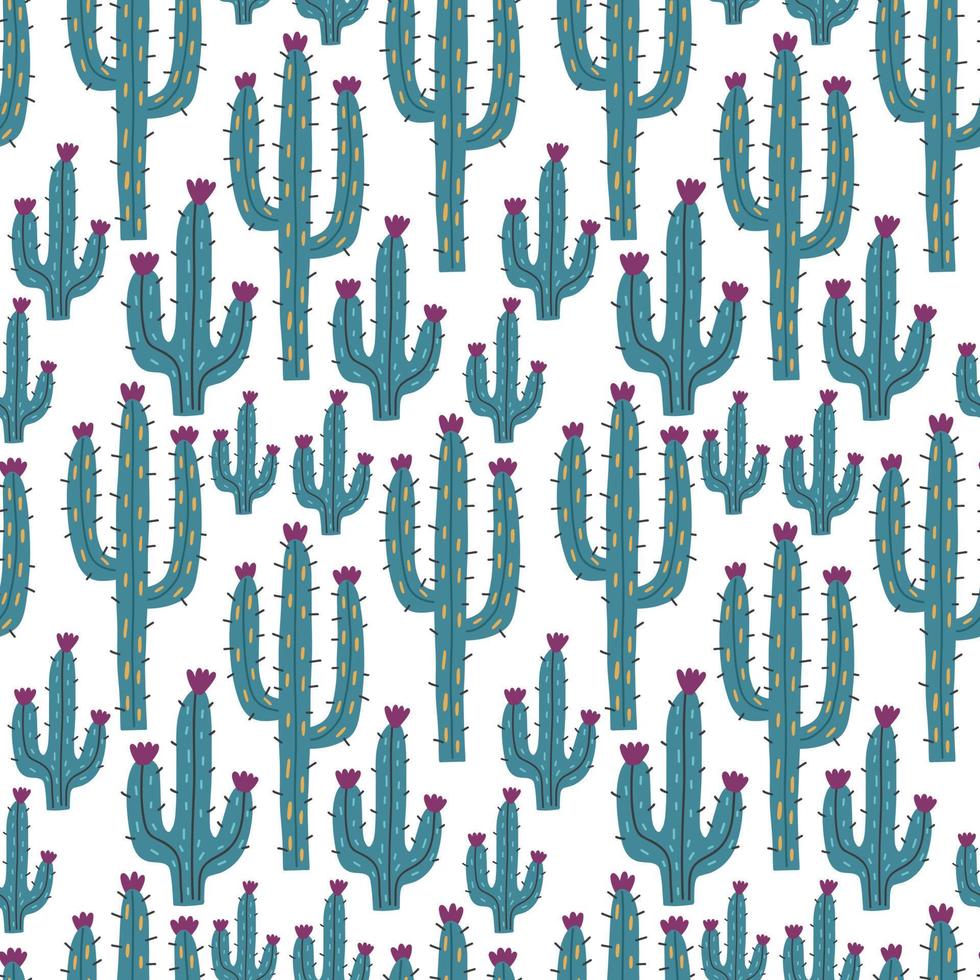 Pattern of blue cacti with purple flowers on white background vector