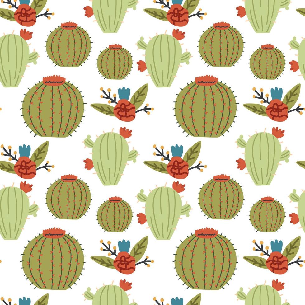 Green prickly cacti flowers pattern vector