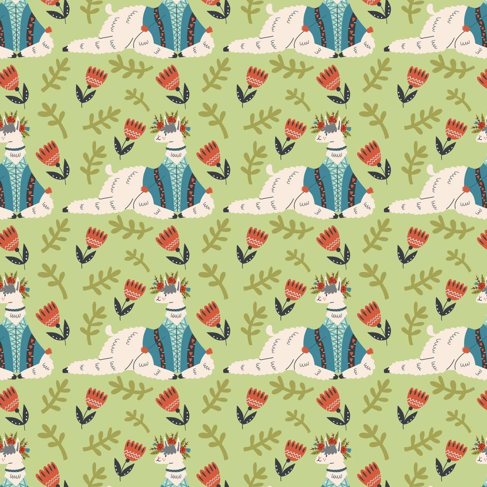 Floral fluffy lying llama pattern vector