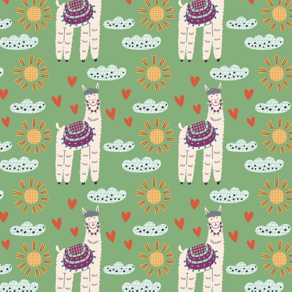 Happy llama cloud sun pattern vector
