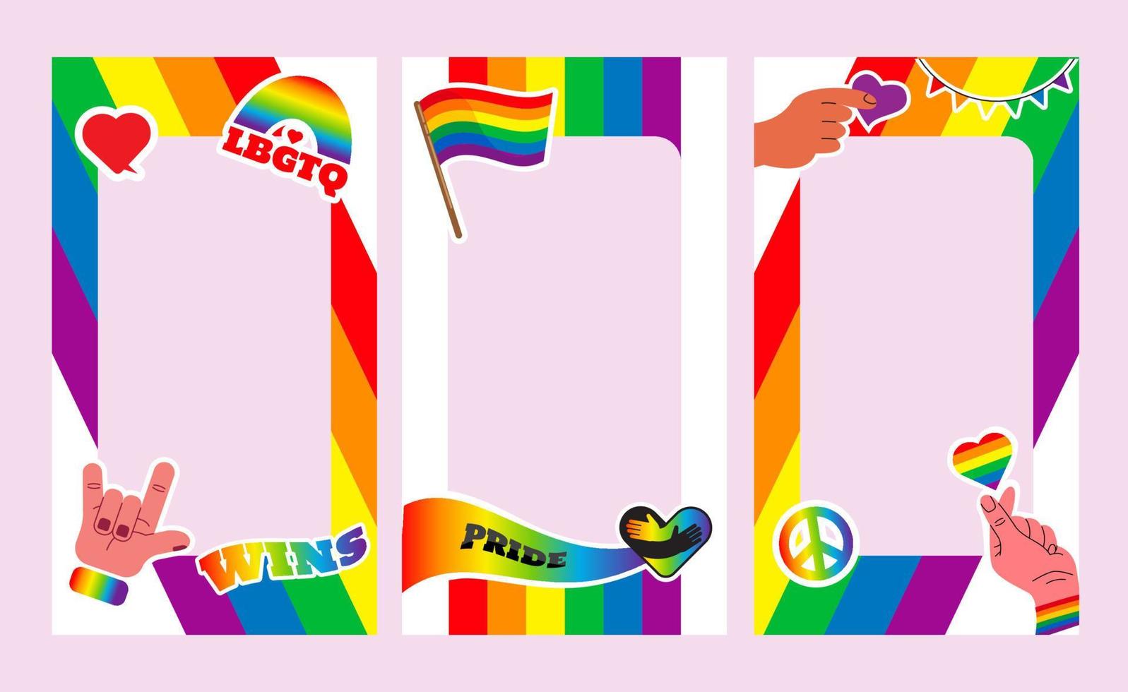 Pride frame stories. LGBT symbols. Love, heart, flag in rainbow colours, Gay, lesbian parade, template Vector  illustration