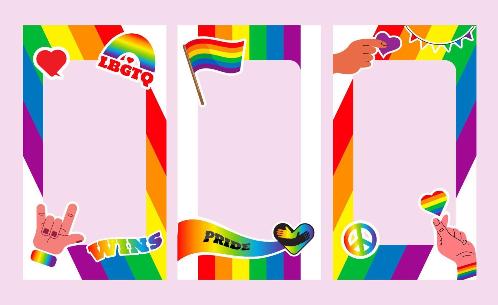 historias de marco de orgullo. simbolos lgbt amor, corazón, bandera en colores del arco iris, desfile gay, lésbico, ilustración vectorial de plantilla vector