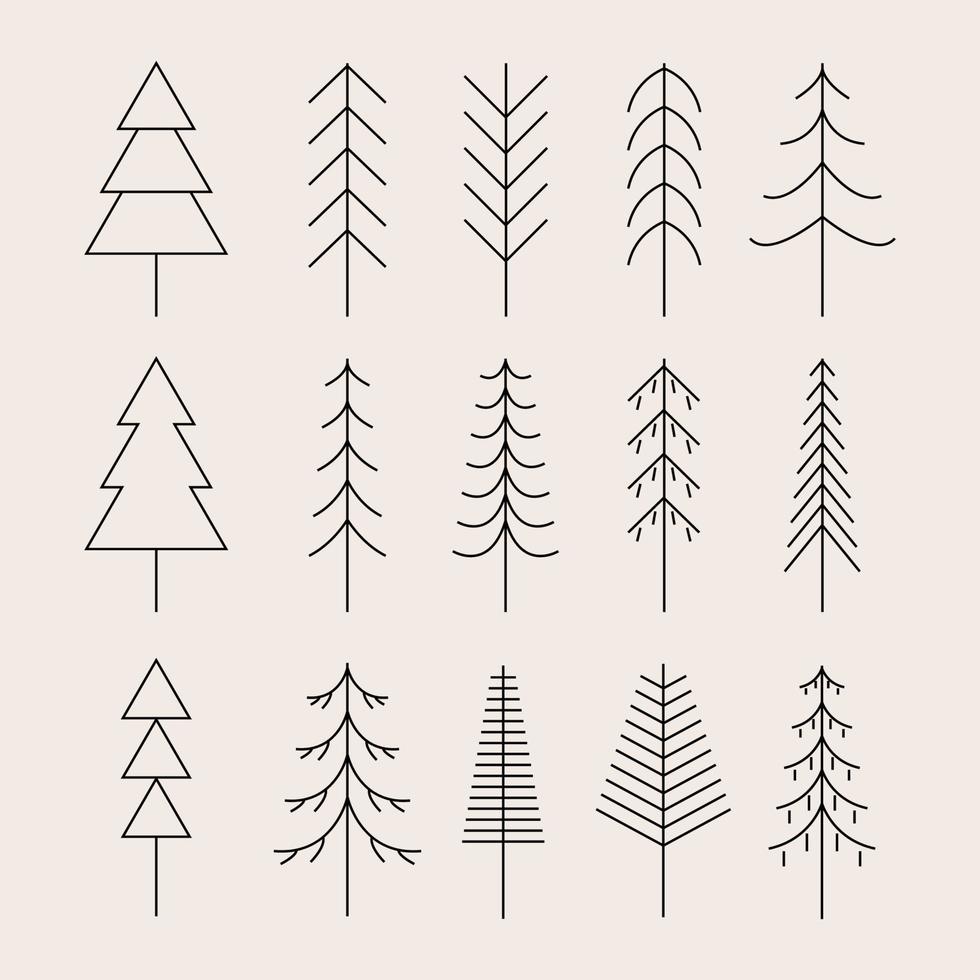 conjunto de diseño creativo de icono de árbol de pino de arte de línea mínima vector